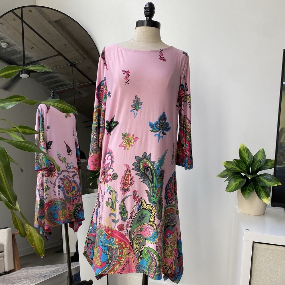 Reborn Pink Paisley Print 3/4 Bell Sleeve Floral Dress Women's Large Stretchy